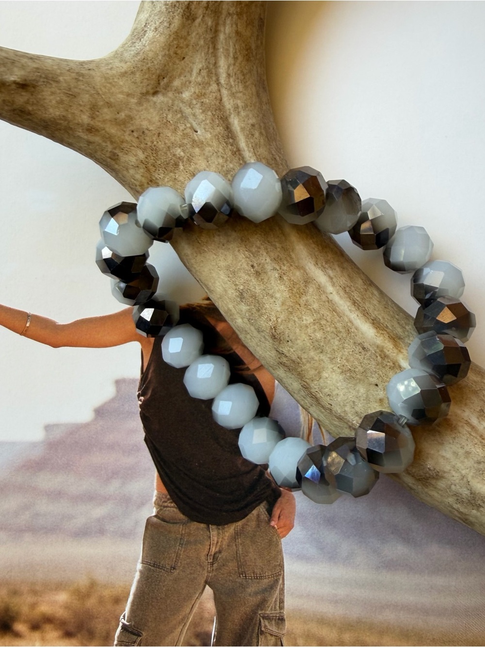 Gunmetal & Frosted Grey Faceted Crystal Bead Stretch Bracelet